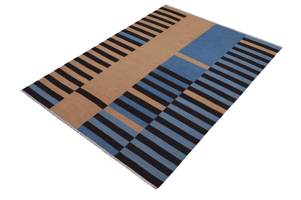 Flat Weave Kilim Antique Navaho Vintage handmade Modern Kilim Blue Brown Hand-Woven Rectangle 100% Wool Area Rug 6x8 