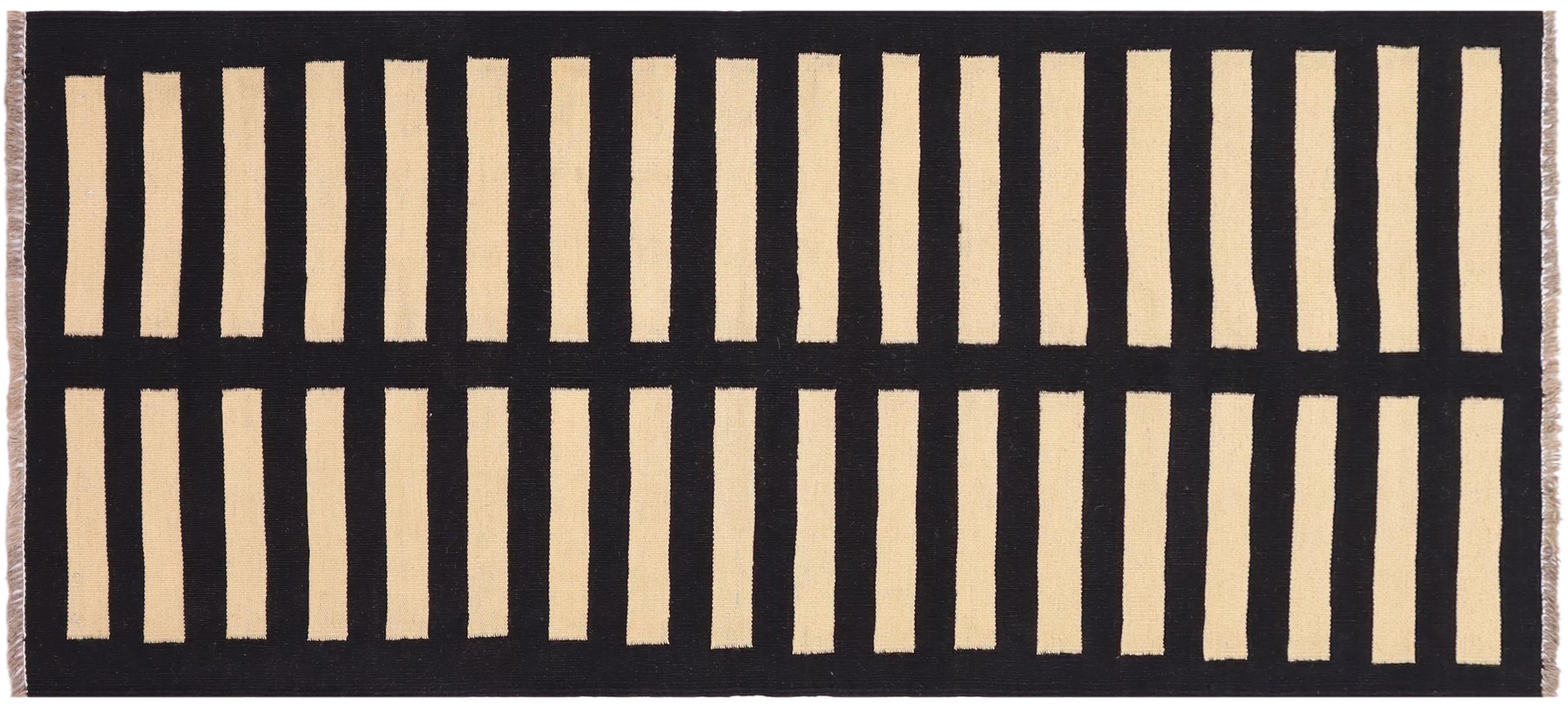 handmade Modern Kilim Black Beige Hand-Woven RUNNER 100% WOOL area rug 3' x 6'