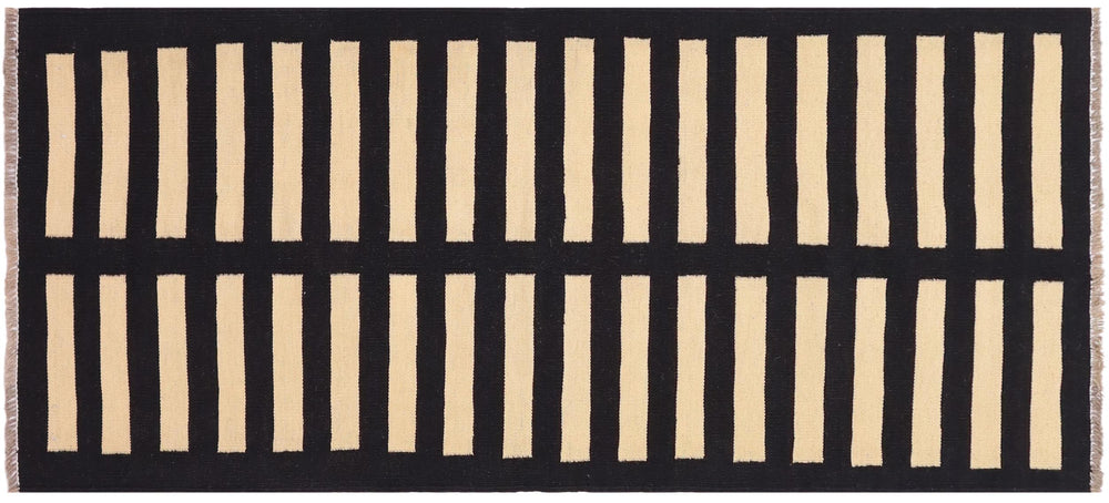 handmade Modern Kilim Black Beige Hand-Woven RUNNER 100% WOOL area rug 3' x 6'