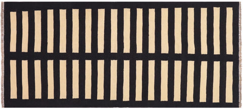 handmade Modern Kilim Black Beige Hand-Woven RUNNER 100% WOOL area rug 3' x 6'