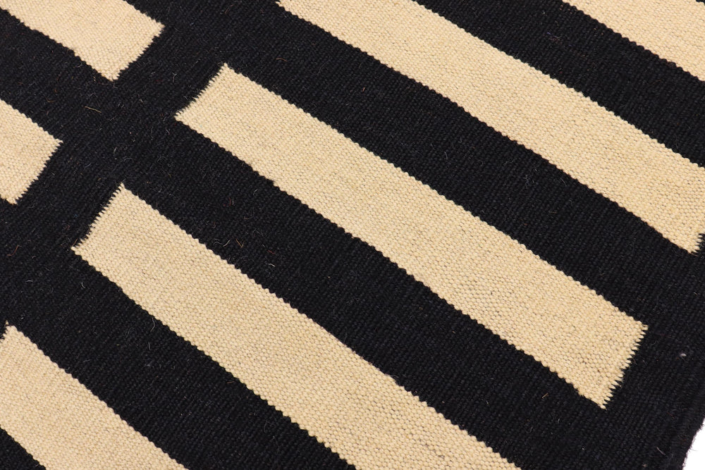 handmade Modern Kilim Black Beige Hand-Woven RUNNER 100% WOOL area rug 3' x 6'