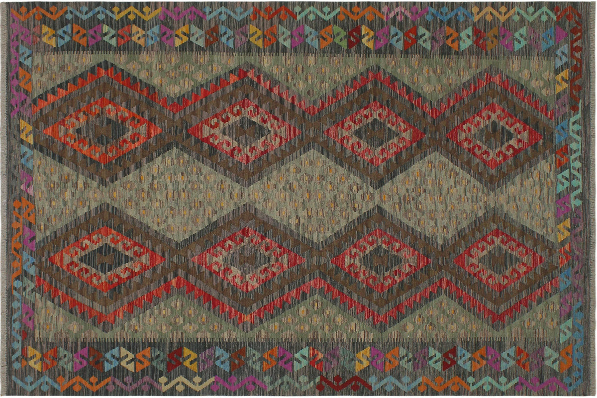 handmade Geometric Kilim Red Charcoal Hand-Woven RECTANGLE 100% WOOL area rug 6 x 8