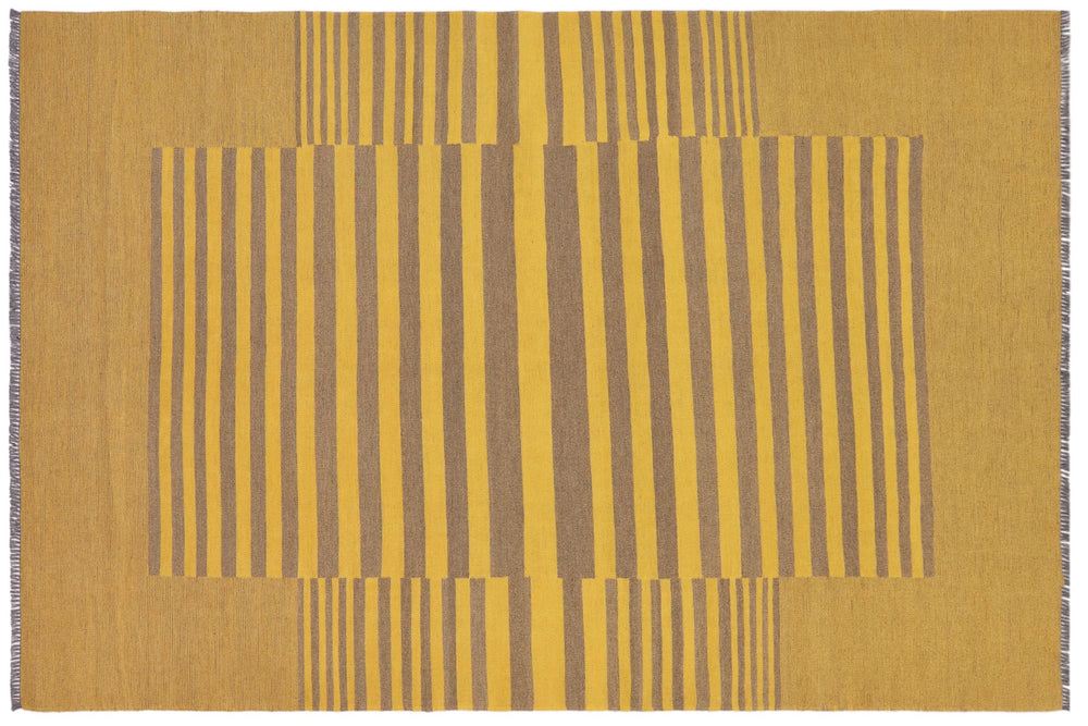handmade Modern Kilim Yellow Gray Hand-Woven RECTANGLE 100% WOOL area rug 6' x 8'