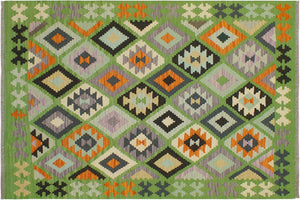 handmade Geometric Kilim Green Blue Hand-Woven RECTANGLE 100% WOOL area rug 4 x 6