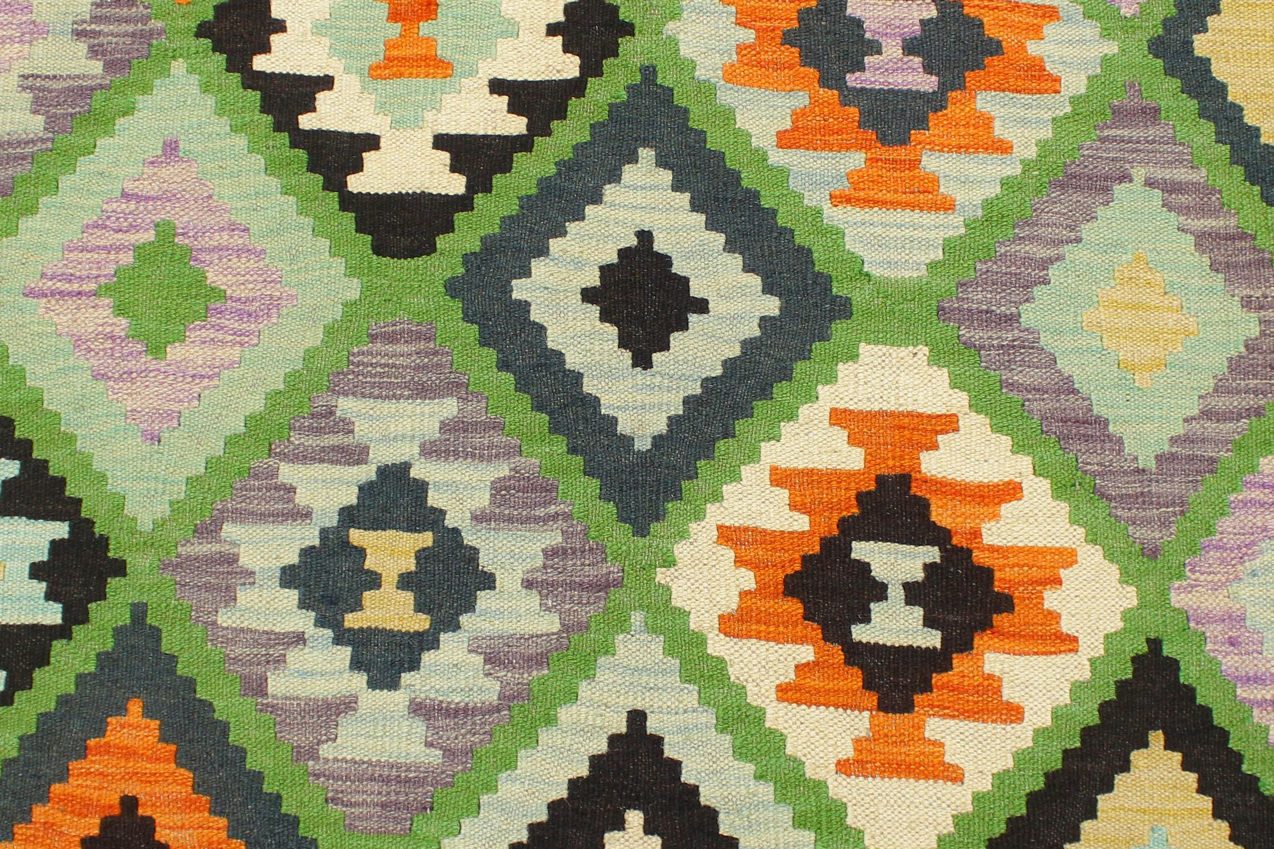 handmade Geometric Kilim Green Blue Hand-Woven RECTANGLE 100% WOOL area rug 4 x 6
