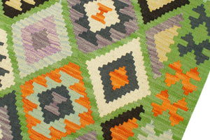 handmade Geometric Kilim Green Blue Hand-Woven RECTANGLE 100% WOOL area rug 4 x 6