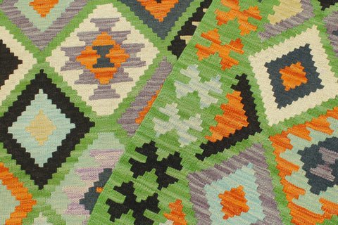 handmade Geometric Kilim Green Blue Hand-Woven RECTANGLE 100% WOOL area rug 4 x 6