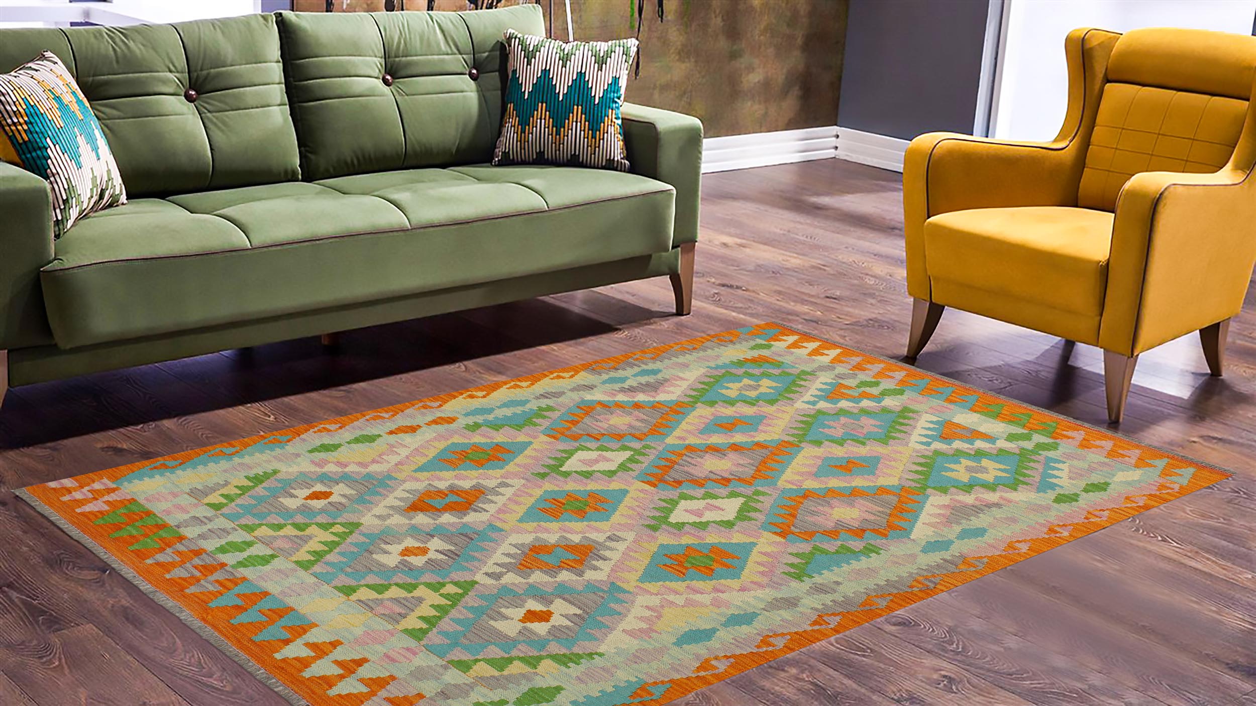 handmade Geometric Kilim Beige Orange Hand-Woven RECTANGLE 100% WOOL area rug 4 x 6