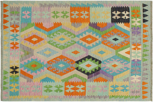 handmade Geometric Kilim Blue Orange Hand-Woven RECTANGLE 100% WOOL area rug 4 x 6