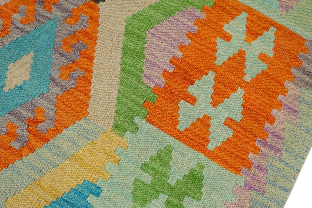 Flat Weave Kilim Antique Navaho Vintage handmade Geometric Kilim Blue Orange Hand-Woven Rectangle 100% Wool Area Rug 4x6 