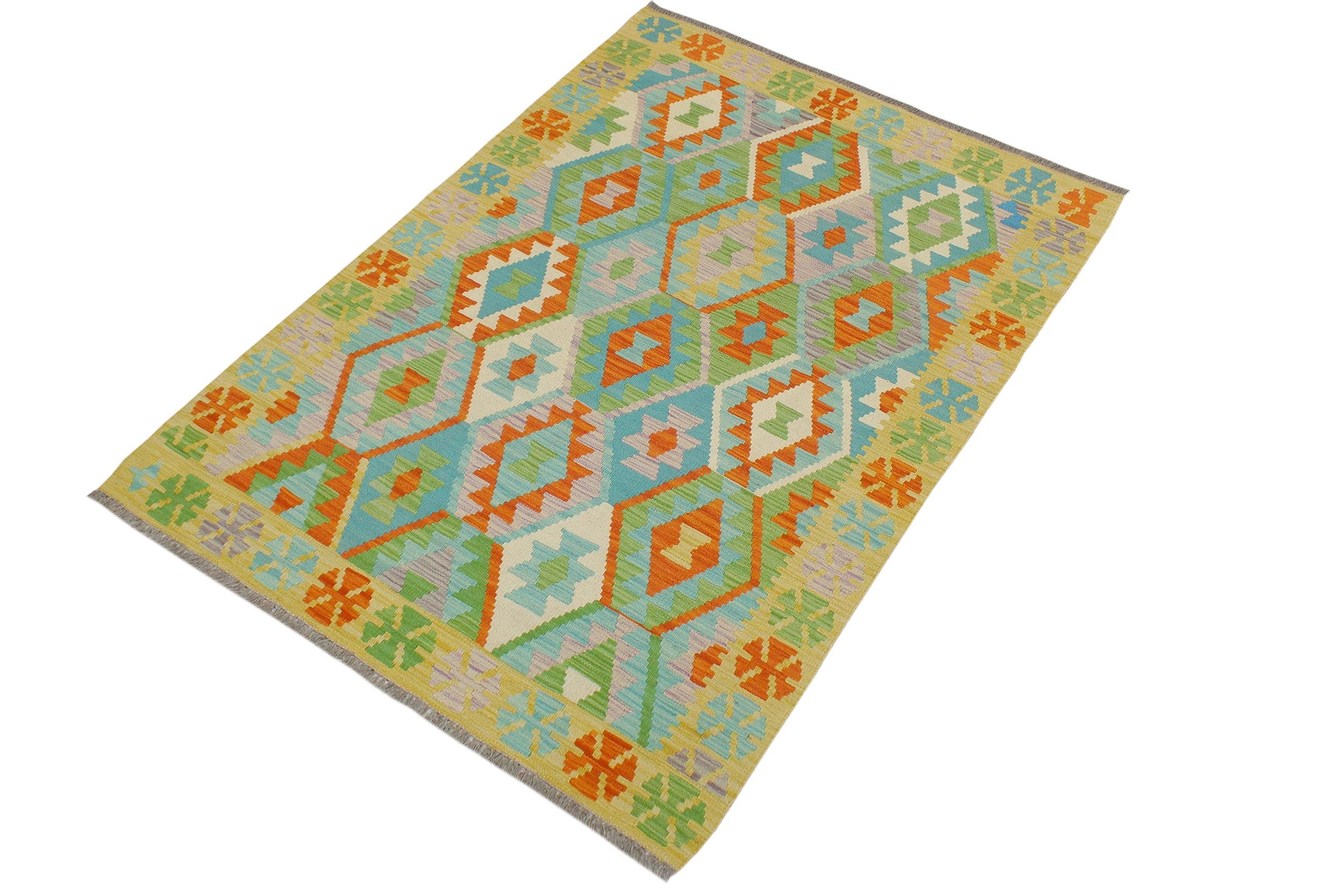 handmade Geometric Kilim Blue Gold Hand-Woven RECTANGLE 100% WOOL area rug 4 x 6