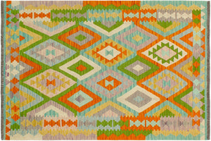 handmade Geometric Kilim Blue Orange Hand-Woven RECTANGLE 100% WOOL area rug 4 x 6