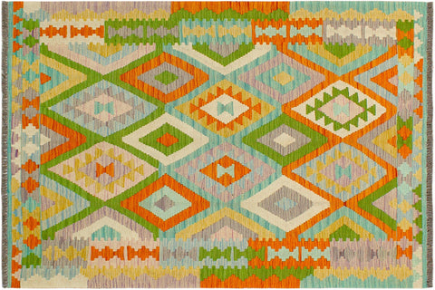 handmade Geometric Kilim Blue Orange Hand-Woven RECTANGLE 100% WOOL area rug 4 x 6