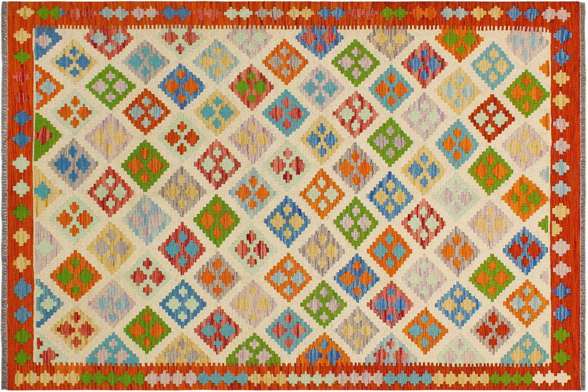 handmade Geometric Kilim Beige Rust Hand-Woven RECTANGLE 100% WOOL area rug 5 x 7