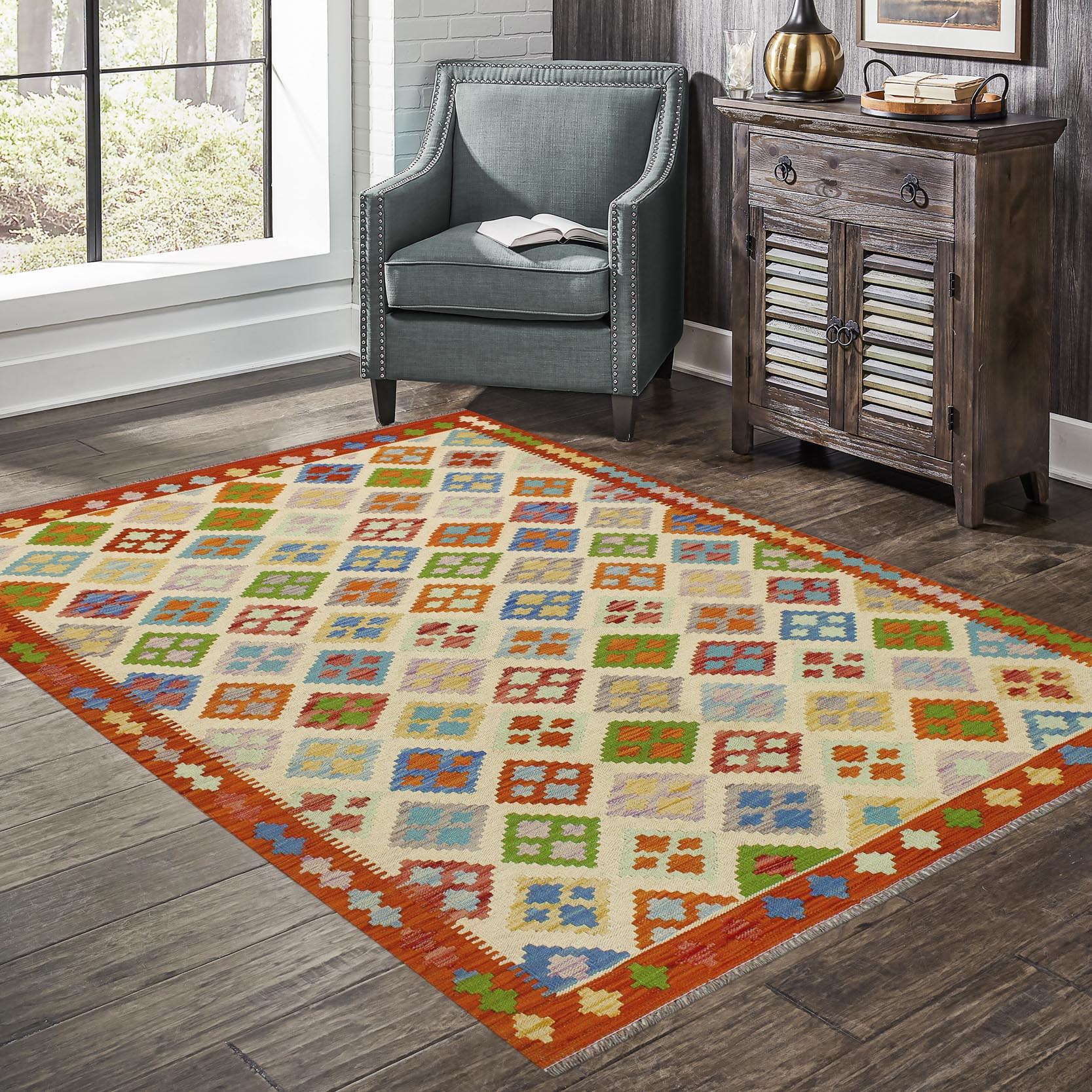 handmade Geometric Kilim Beige Rust Hand-Woven RECTANGLE 100% WOOL area rug 5 x 7