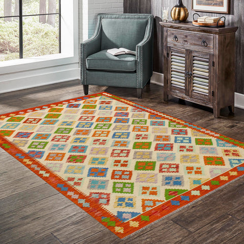 handmade Geometric Kilim Beige Rust Hand-Woven RECTANGLE 100% WOOL area rug 5 x 7