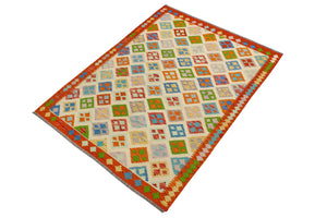 handmade Geometric Kilim Beige Rust Hand-Woven RECTANGLE 100% WOOL area rug 5 x 7