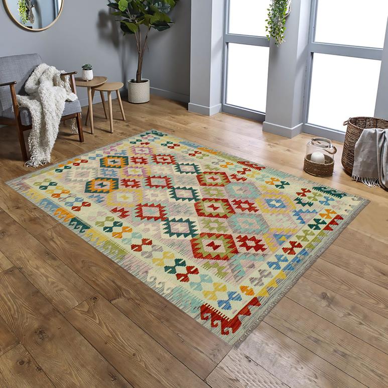 Flat Weave Kilim Antique Navaho Vintage handmade Geometric Kilim Beige Blue Hand-Woven Rectangle 100% Wool Area Rug 5x7 