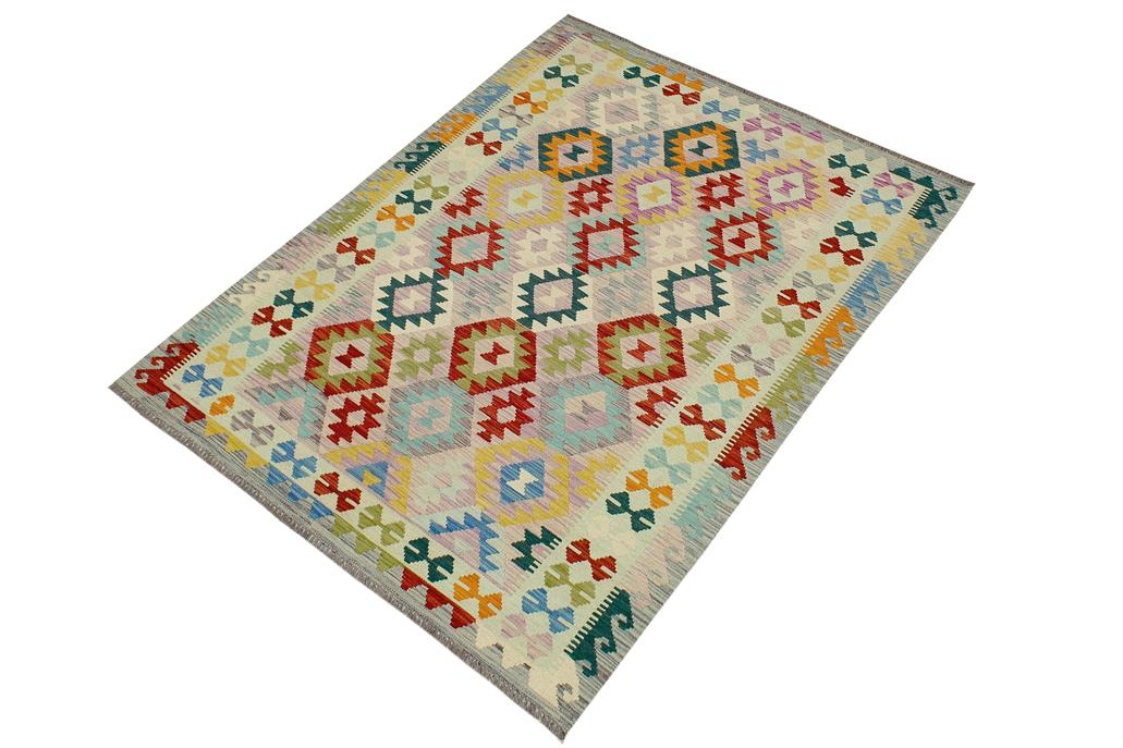 Flat Weave Kilim Antique Navaho Vintage handmade Geometric Kilim Beige Blue Hand-Woven Rectangle 100% Wool Area Rug 5x7 