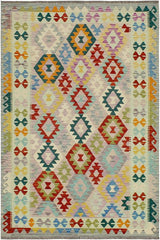 Flat Weave Kilim Antique Navaho Vintage handmade Geometric Kilim Beige Blue Hand-Woven Rectangle 100% Wool Area Rug 5x7 
