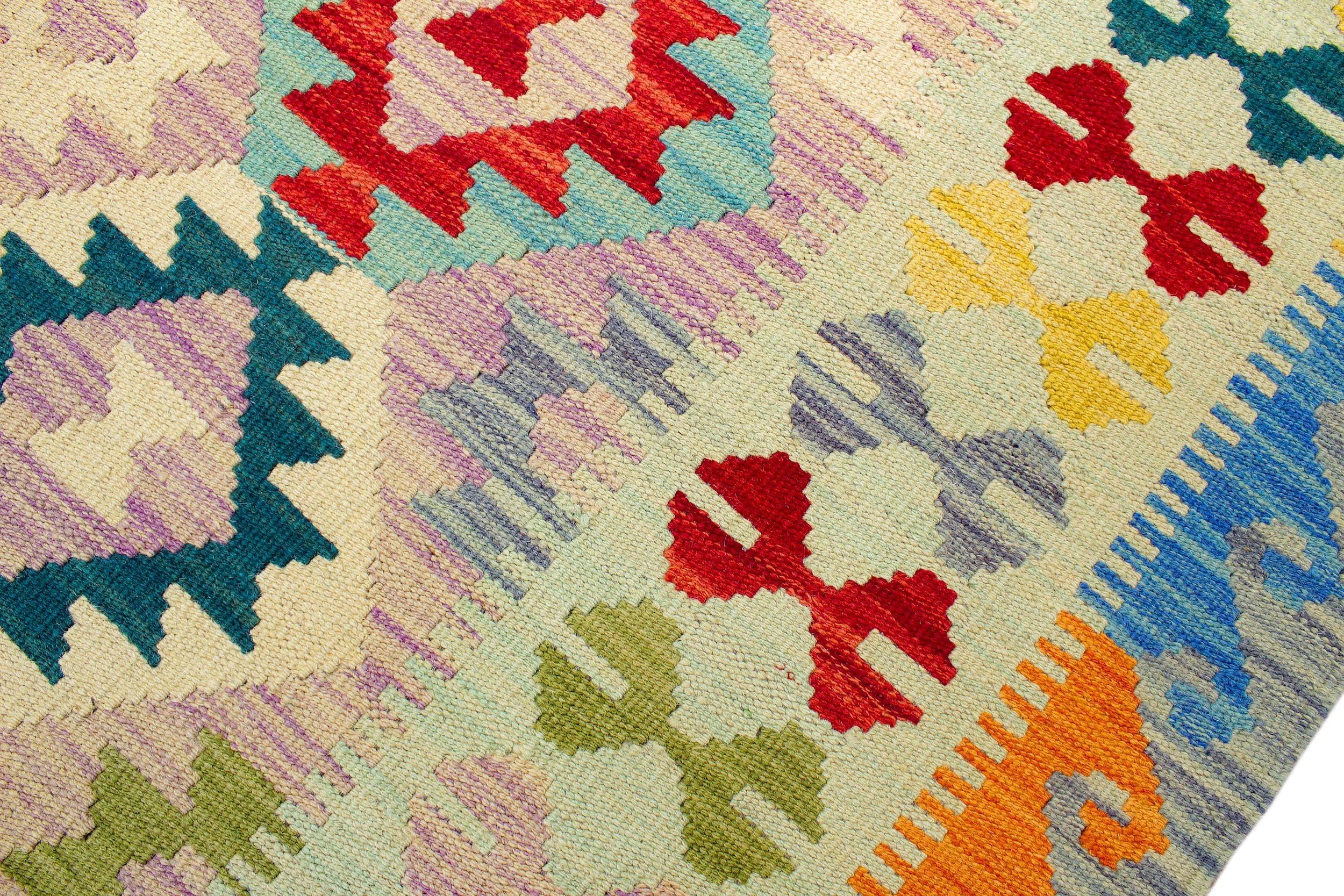 handmade Geometric Kilim Beige Blue Hand-Woven RECTANGLE 100% WOOL area rug 5 x 7