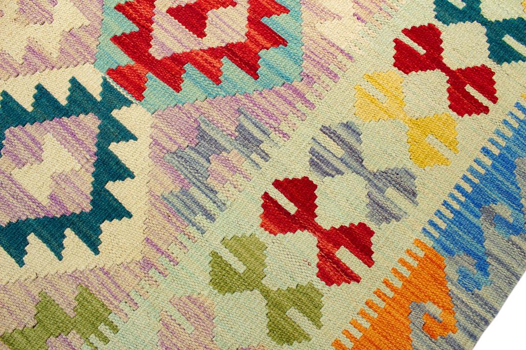 Flat Weave Kilim Antique Navaho Vintage handmade Geometric Kilim Beige Blue Hand-Woven Rectangle 100% Wool Area Rug 5x7 