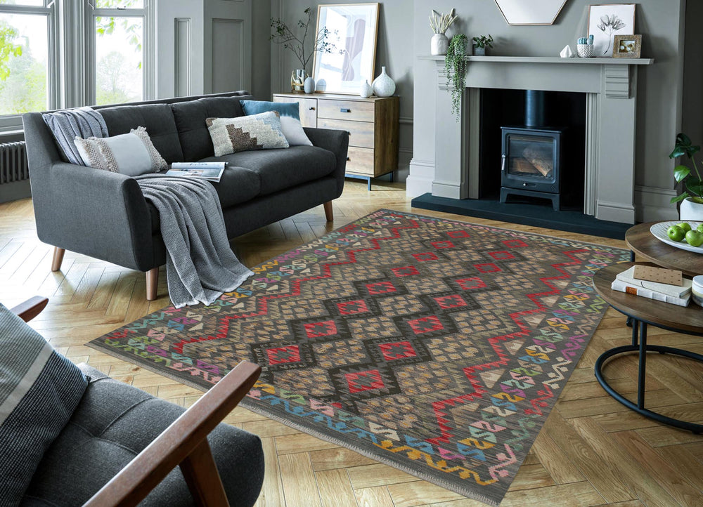 handmade Geometric Kilim Charcoal Red Hand-Woven RECTANGLE 100% WOOL area rug 6 x 8