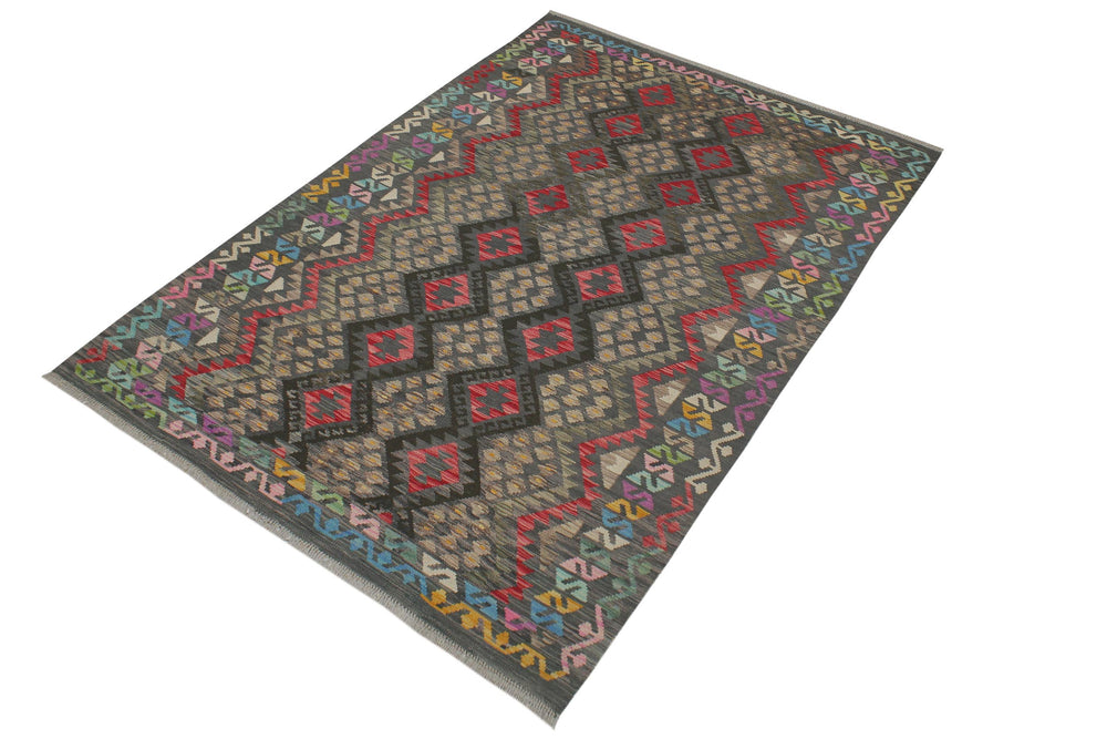 handmade Geometric Kilim Charcoal Red Hand-Woven RECTANGLE 100% WOOL area rug 6 x 8