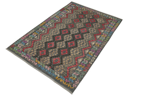 handmade Geometric Kilim Charcoal Red Hand-Woven RECTANGLE 100% WOOL area rug 6 x 8