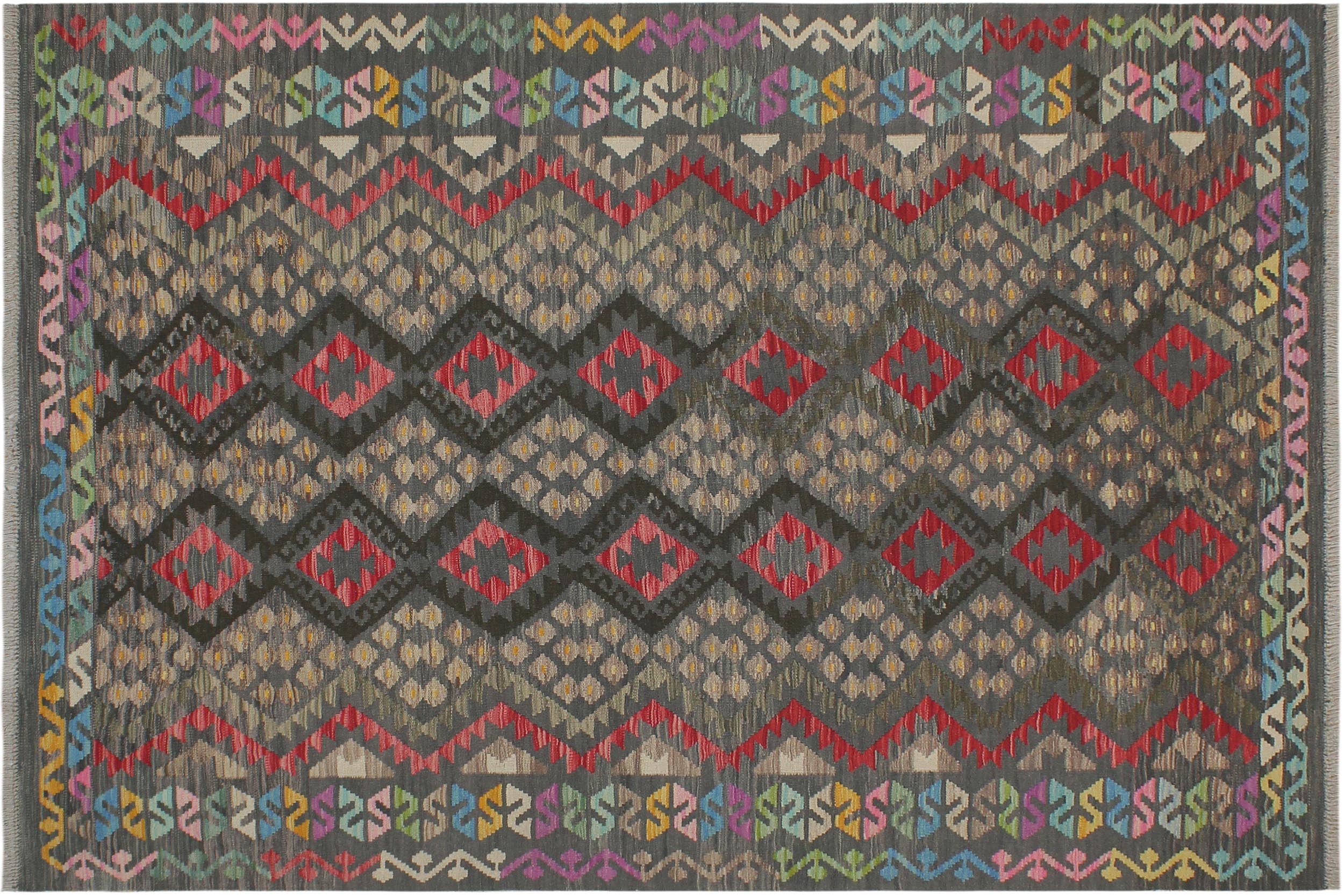 handmade Geometric Kilim Charcoal Red Hand-Woven RECTANGLE 100% WOOL area rug 6 x 8