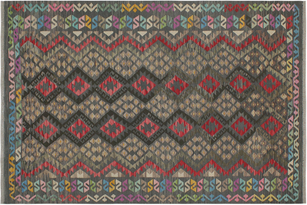 handmade Geometric Kilim Charcoal Red Hand-Woven RECTANGLE 100% WOOL area rug 6 x 8
