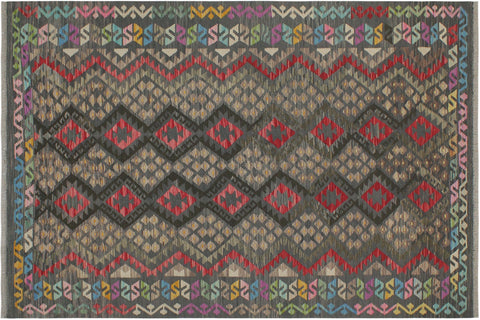 handmade Geometric Kilim Charcoal Red Hand-Woven RECTANGLE 100% WOOL area rug 6 x 8