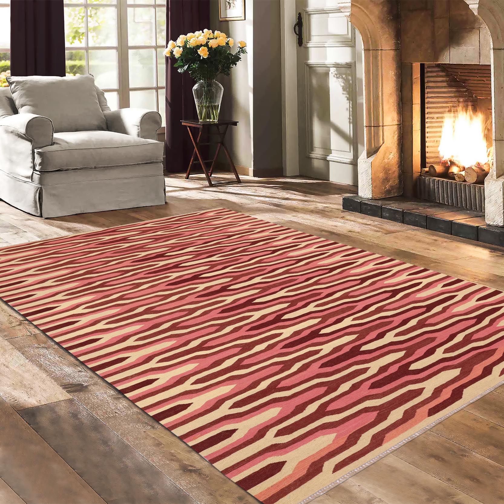 handmade Modern Kilim Beige Pink Hand-Woven RECTANGLE 100% WOOL area rug 6x9