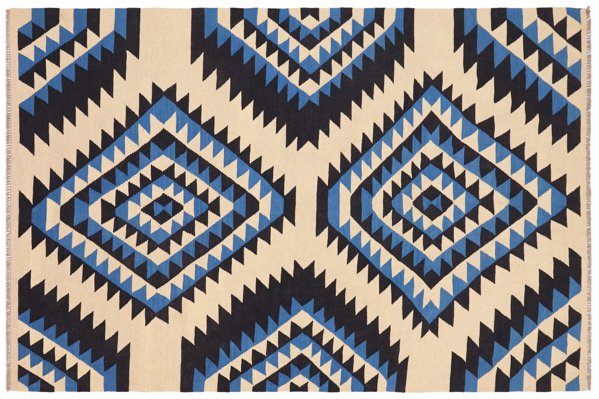 handmade Modern Kilim Beige Blue Hand-Woven RECTANGLE 100% WOOL area rug 6x9