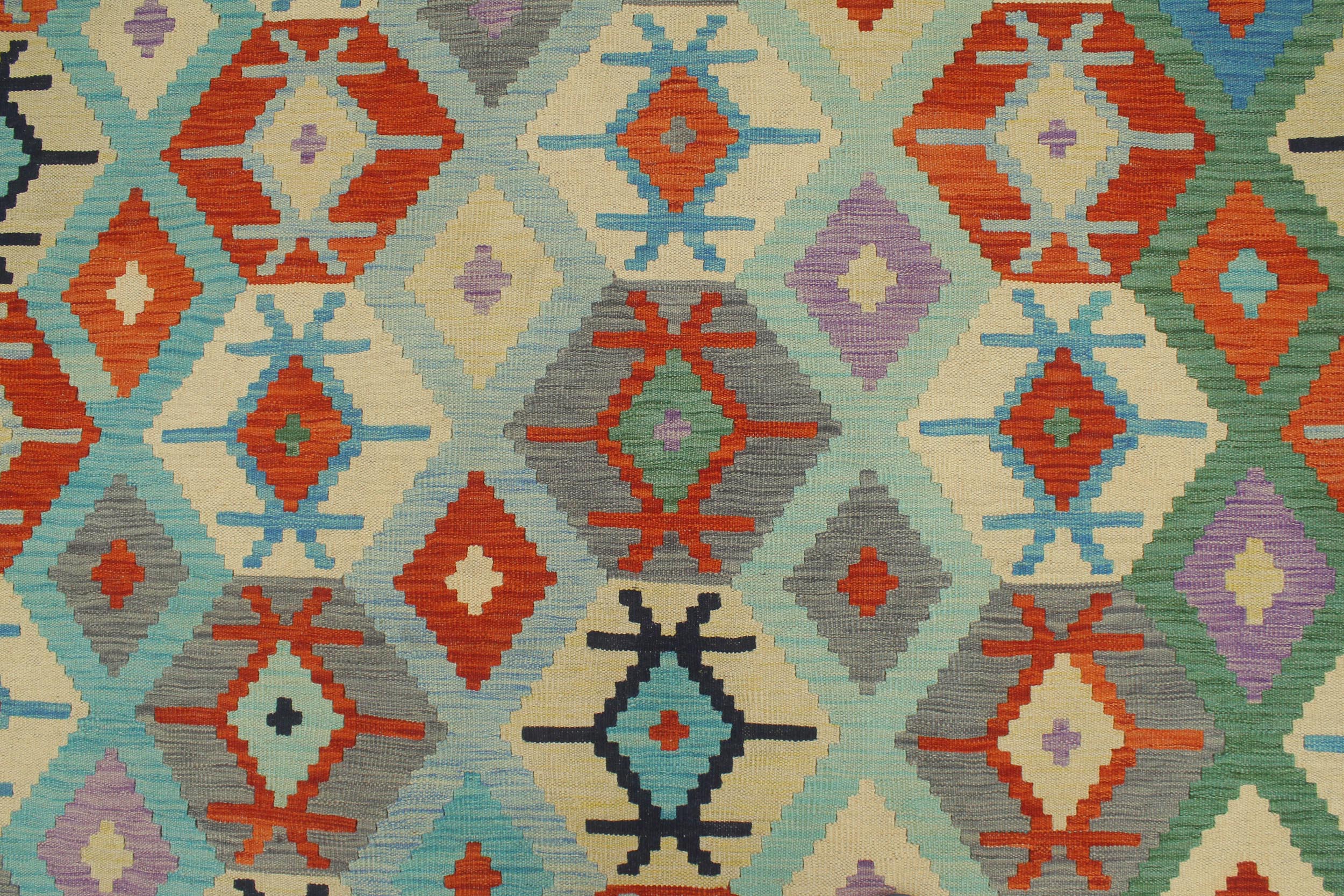 handmade Geometric Kilim Rust Blue Hand-Woven RECTANGLE 100% WOOL area rug 8 x 10