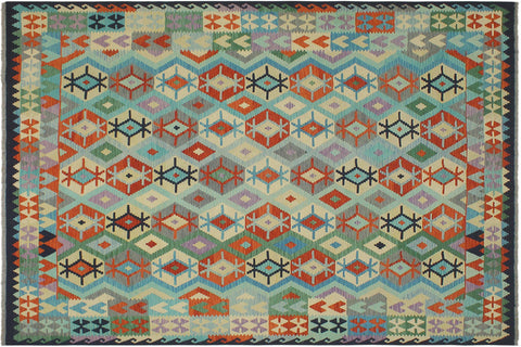 handmade Geometric Kilim Rust Blue Hand-Woven RECTANGLE 100% WOOL area rug 8 x 10