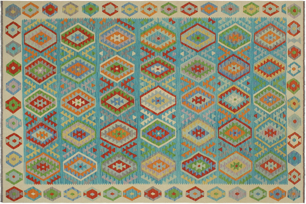 handmade Geometric Kilim Blue Beige Hand-Woven RECTANGLE 100% WOOL area rug 8 x 9