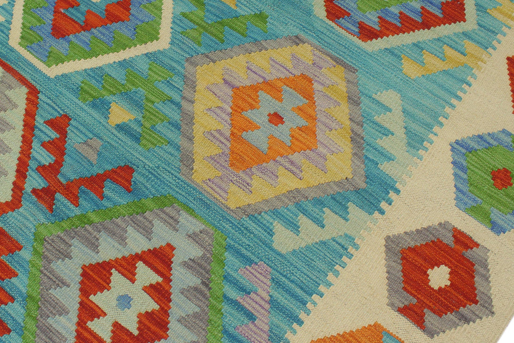 handmade Geometric Kilim Blue Beige Hand-Woven RECTANGLE 100% WOOL area rug 8 x 9