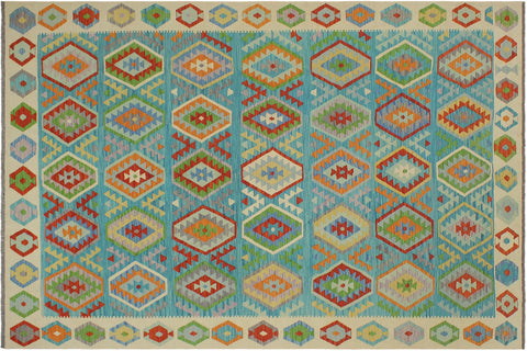 handmade Geometric Kilim Blue Beige Hand-Woven RECTANGLE 100% WOOL area rug 8 x 9