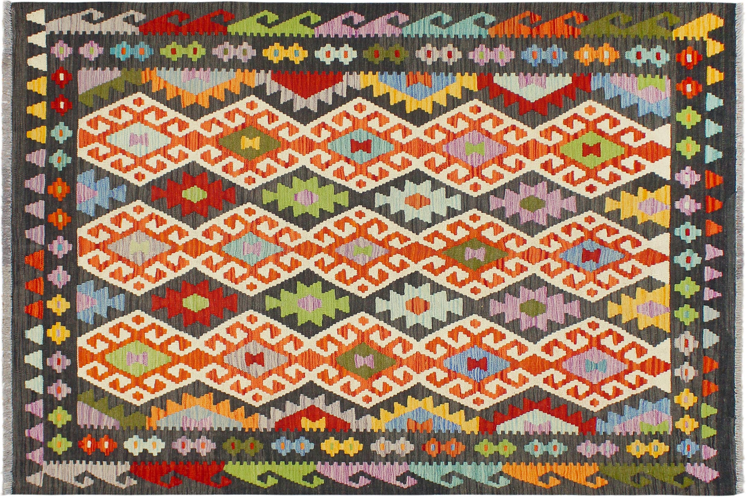 handmade Geometric Kilim Rust Charcoal Hand-Woven RECTANGLE 100% WOOL area rug 5x6