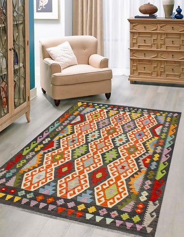 handmade Geometric Kilim Rust Charcoal Hand-Woven RECTANGLE 100% WOOL area rug 5x6