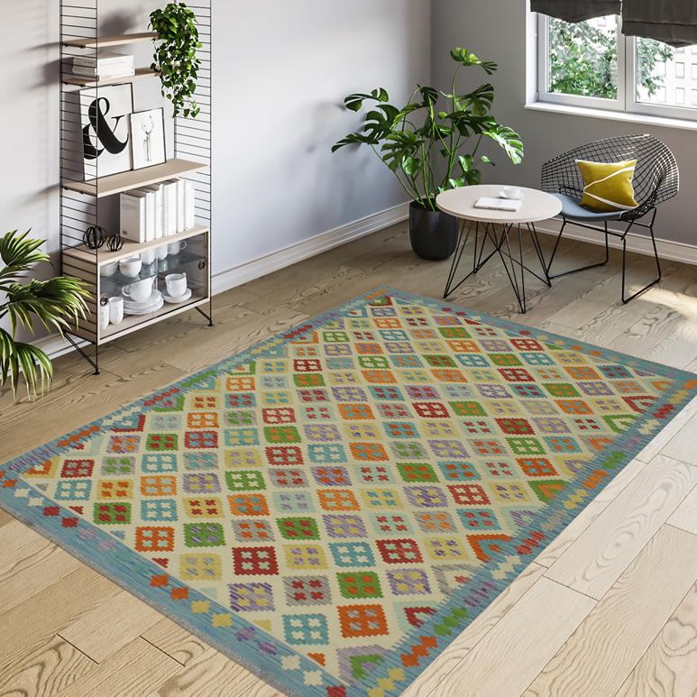 Flat Weave Kilim Antique Navaho Vintage handmade Modern Kilim Beige Blue Hand-Woven Rectangle 100% Wool Area Rug 6x8 