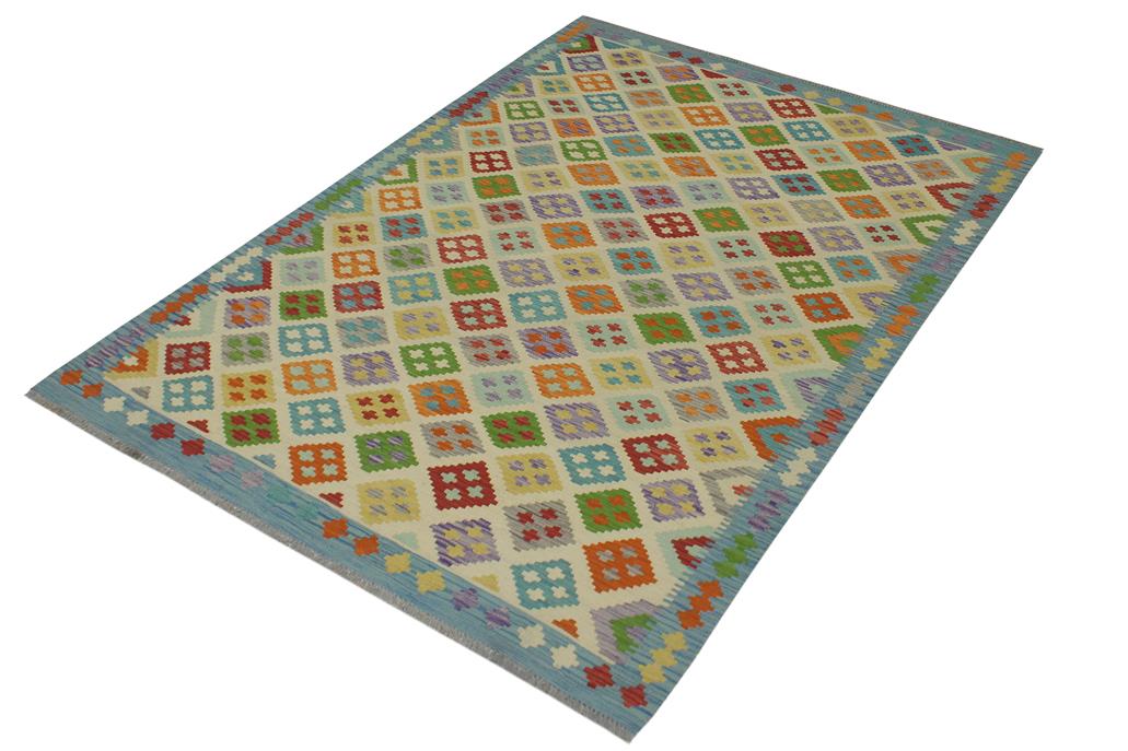 Flat Weave Kilim Antique Navaho Vintage handmade Modern Kilim Beige Blue Hand-Woven Rectangle 100% Wool Area Rug 6x8 