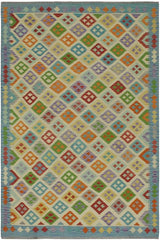 Flat Weave Kilim Antique Navaho Vintage handmade Modern Kilim Beige Blue Hand-Woven Rectangle 100% Wool Area Rug 6x8 