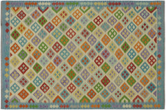 handmade Geometric Kilim Beige Blue Hand-Woven RECTANGLE 100% WOOL area rug 6 x 8
