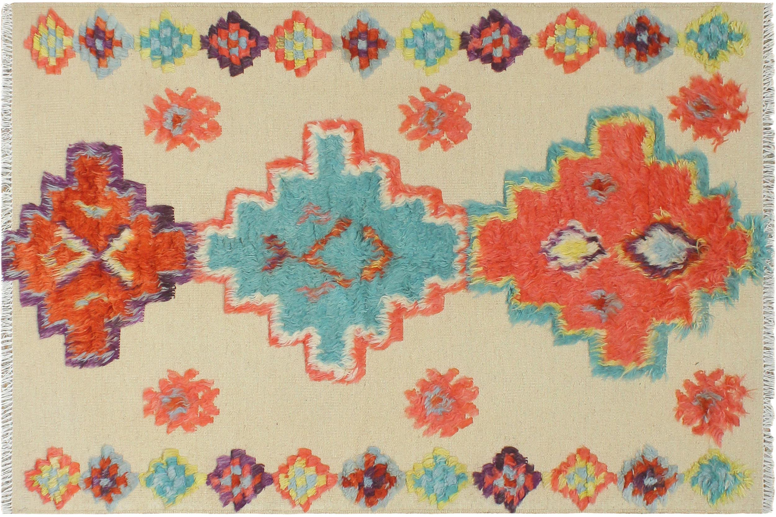 handmade Geometric Moroccan Hi Beige Blue Hand Knotted RECTANGLE 100% WOOL area rug 4' x 7'