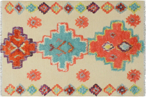 handmade Geometric Moroccan Hi Beige Blue Hand Knotted RECTANGLE 100% WOOL area rug 4' x 7'