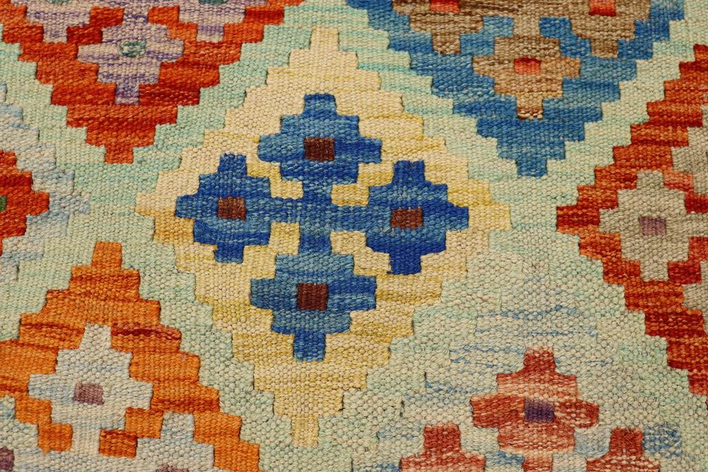 Flat Weave Kilim Antique Navaho Vintage handmade Geometric Kilim Blue Rust Hand-Woven Rectangle 100% Wool Area Rug 3x5 