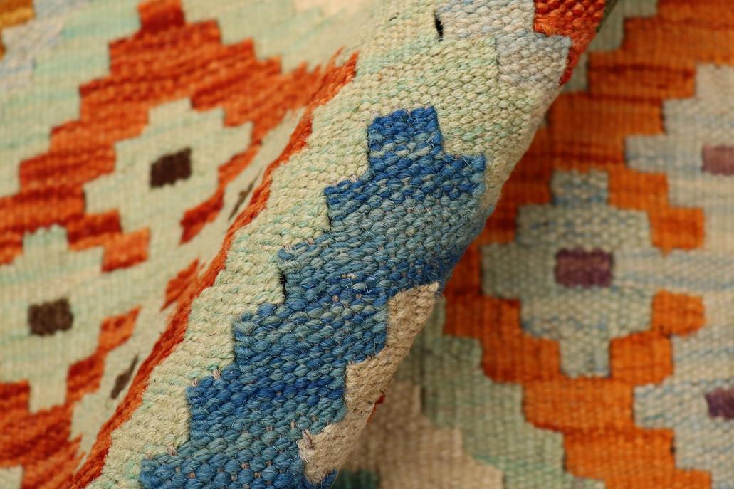 Flat Weave Kilim Antique Navaho Vintage handmade Geometric Kilim Blue Rust Hand-Woven Rectangle 100% Wool Area Rug 3x5 