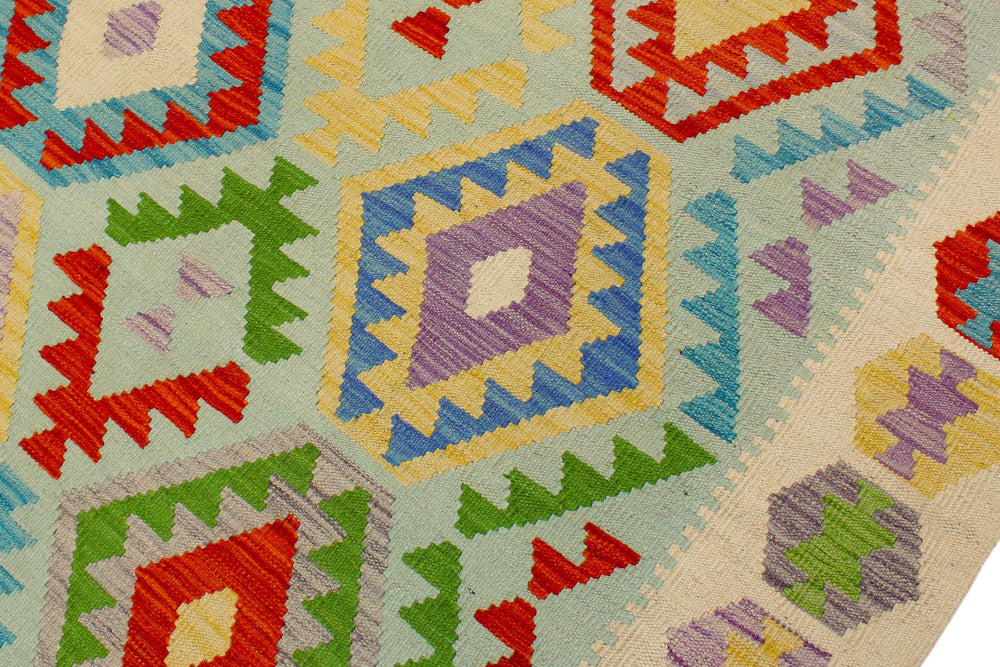 handmade Geometric Kilim Blue Beige Hand-Woven RECTANGLE 100% WOOL area rug 8 x 10
